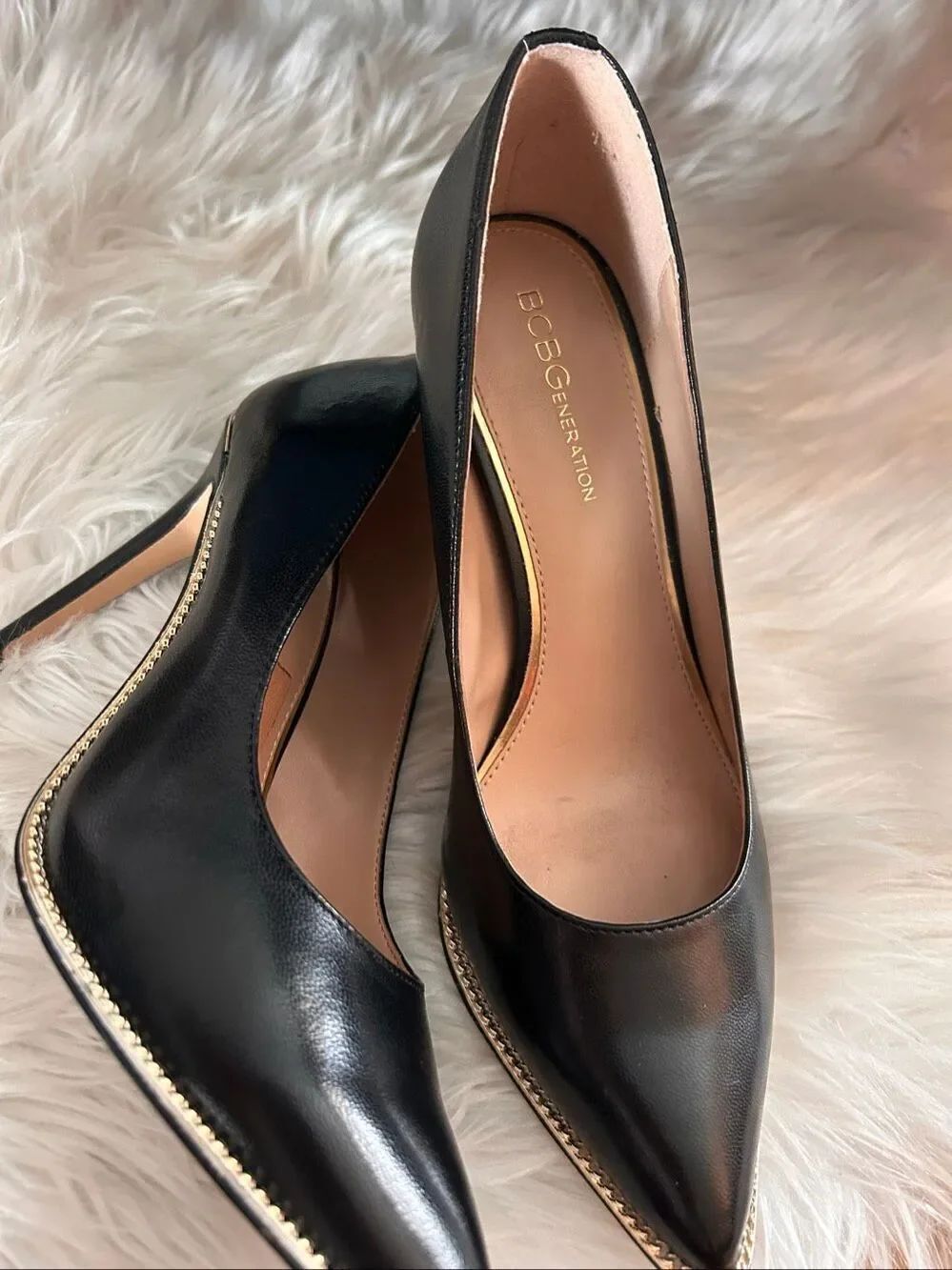 BCBG generation high heels black with gold accent around size 7B